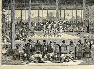 "EN BALLET A LA COUR DU CAMBODGE" ("In ballet at the court of Cambodia.") Phnom Penh rong ram for dance performances. By Louis Delaporte, July 1866.