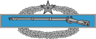 A metal device depicting a blue bar with a rifle, in front of a wreath of silver leaves.