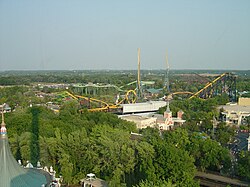 A distant shot of Batman: The Ride at Six Flags Great America