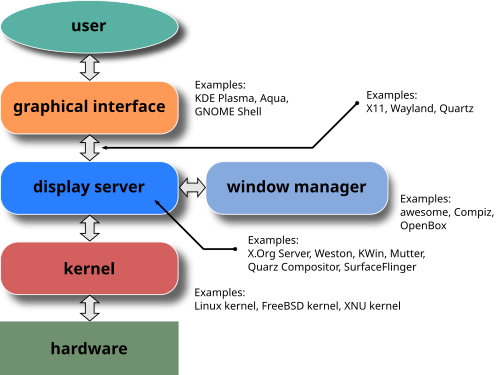 A display server, such as X.Org Server, implements the windowing system and serves its clients.