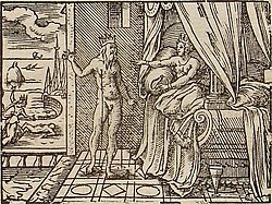Morpheus appears to Alcyone. Engraving by Virgil Solis for Ovid's Metamorphoses Book XI, 650–749.