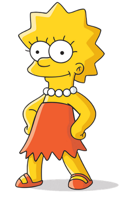 A yellow-skinned cartoon character. She has large, beady eyes and is wearing a strapless red-orange dress and Mary Janes and a white beaded necklace. She has her hands on her hips and smiles slightly.