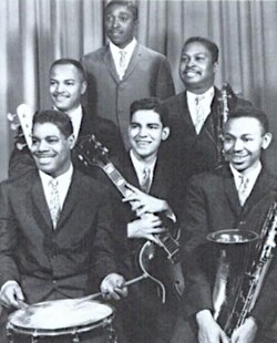 Funk Brothers in early 1960s. Left to right: Benny Benjamin, James Jamerson, Joe Hunter, Larry Veeder, Henry Cosby, Mike Terry