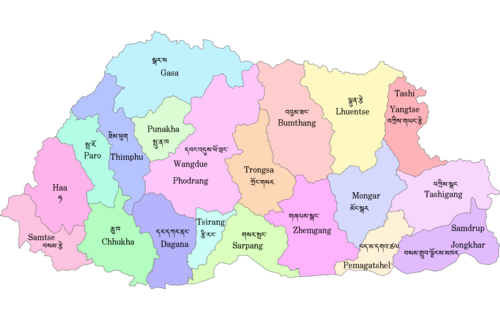 A map of Bhutan showing its 20 dzongkhags