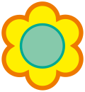 A yellow flower with a light blue center and orange outline.