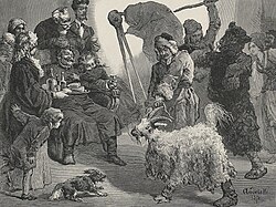 An elaborate line-drawing of a man presenting a goat surrounded by other men and children