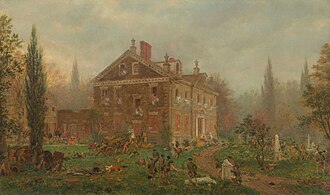 Print of soldiers firing at a two-story house while puffs of smoke indicate that those in the house are shooting back