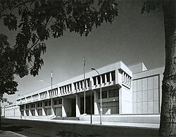 The Philadelphia Mint building in black and white.