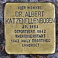 Stolperstein in memory of Albert Katzenellenbogen in front of the location of the former Frankfurt branch (and former head office of Mitteldeutsche Creditbank) at Neue Mainzer Strasse 32