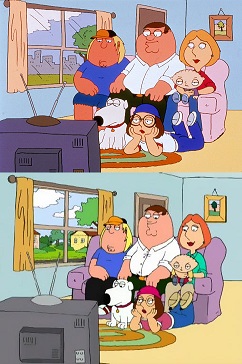 An animated family sitting together on a couch and floor while watching television.