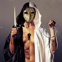 A masked figure, with a keyhole in the middle of its body, wearing a robe that is black on one side and white on the other. It holds up a knife on the black robed side, while a set of keys is held up on the white side.