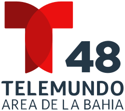 The Telemundo network logo, a T with two circular overlapping components. To the right and under the T, the number 48. Beneath it, in a sans serif on two lines, the word Telemundo and the words "Area de la Bahía", Bay Area in Spanish.
