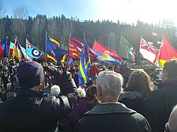 Flags marching through a crowd