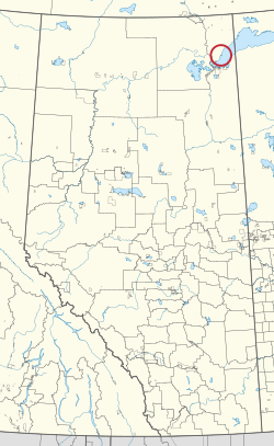 A map of the province of Alberta showing 80 counties and 145 small Indian reserves. One is highlighted with a red circle.