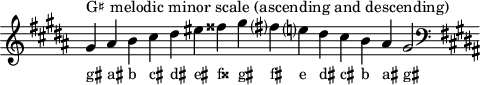 \header { tagline = ##f }
scale = \relative a { \accidentalStyle modern \key gis \minor \omit Score.TimeSignature
gis'^"G♯ melodic minor scale (ascending and descending)" ais b cis dis eis fisis gis fis? e? dis cis b ais gis2 \clef F \key gis \minor }
\score { { << \cadenzaOn \scale \context NoteNames \scale >> } \layout { } \midi { } }
