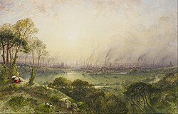 The same tree, roughly, and the same landscape and river as image 1. The difference is that now, instead of an empty background, there are many smokestacks and factories visible in a neat line with smoke billowing into the sky, but painted quite quaintly rather than industrially.