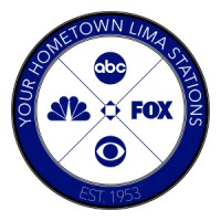 A roundel with a middle part divided in four containing the logos of (from top, clockwise) ABC, Fox, CBS, and NBC. Around them is a blue ring reading "Your Hometown Lima Stations" up top and "Est. 1953" in a thinner typeface at the bottom.
