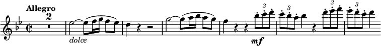  {\relative es'' { \key bes \major \time 2/2 \compressEmptyMeasures
\tempo "Allegro"
\tempo 4 = 145
R1*2 | es2~ _\markup { \italic "dolce" } es8( f16 g f8[ es]) | d4 r r2
g2~ g8( a16 bes a8[ g]) | f4 r r \tupletUp \times 2/3 { bes8-. \mf c-. d-. }
\times 2/3 { c8-. bes-. a-. } bes4 r \times 2/3 { d8-. es-. f-. } | \times 2/3 { es8-. d-. c-. } d4 }}