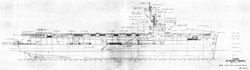 A blueprint showing the side profile of an aircraft carrier.