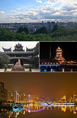 Clockwise from top: The view of Mianyang City from Fule Park, Yuewang Mansion at night, Night scene along Fujiang River in Mianyang City, Ziyun Pavilion in Xishan Park of Mianyang