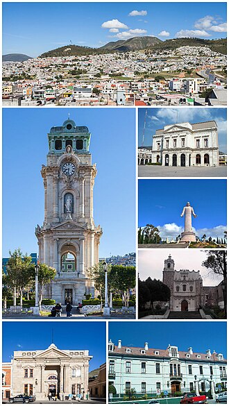 Left:Panorama view of Pachuca, including Lobo Hills, Los Chavez, from Cubitos Ecological Park, Pachuca Monument Clock Tower, Pachuca Bancomer heritage building, Right:Medina Hidalgo Bartolomé Teather (Teatro Hidalgo Bartolomé de Medina), Christ King of Pachuca (Cristo Ray de Pachuca), Pachuca Saint Francis of Assisi Monastery, Pachuca Municipal Palace (Palacio Municipal de Pachuca)