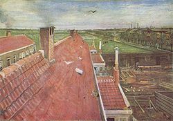 A view from a window of pale red rooftops. A bird flies in the blue sky; in the near distance there are fields and to the right, the town and other buildings can be seen. On the distant horizon are chimneys.