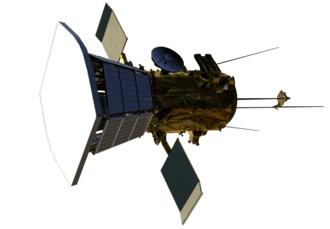 Digital model of a spacecraft with a bus attached to a larger sun-shield. Two small solar panels are attached to the side of the bus, along with four rear-facing antennas.