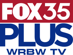In a red box, the Fox 35 logo horizontally in white, with a blue lettering "PLUS", tightly kerned, below and outside of the box. The letters "WRBW TV" sit below this in blue.