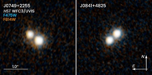 These two NASA/ESA Hubble Space Telescope images reveal two pairs of quasars that existed 10 billion years ago and reside at the hearts of merging galaxies.[85]
