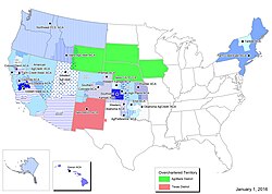 A map highlighting, in various colors and patterns, most of the states of Alaska, Arizona, California, Colorado, Connecticut, Hawaii, Idaho, Kansas, Maine, Massachusetts, Montana, Nevada, New Hampshire, New Jersey, New Mexico, New York, Oklahoma, Oregon, Rhode Island, Utah, Vermont, Washington, North Dakota, and Wyoming.