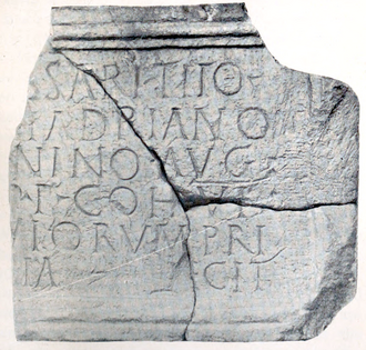 Tablet from Rough Castle's ‘Principia’ (headquarters). RIB 2145, dedicated to the emperor Antoninus Pius.[9] George MacDonald calls it no. 29 in the 2nd edition of his book The Roman Wall in Scotland.[10] It has been scanned and a video produced.[11]