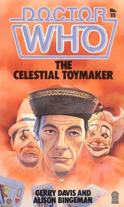 Book cover with the text "Doctor Who The Celestial Toymaker", depicting the Toymaker and two clowns