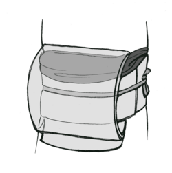 The structure of the common taiko musubi (drum knot). The obijime is shown in mid-shade grey, the obiage in dark grey. The obimakura is hidden by the obiage.
