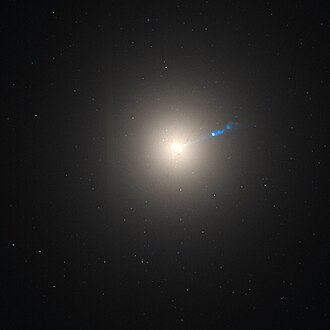 Visual wavelength image of Messier 87 with bright core, jet and globular clusters