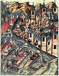 The Golden Horde raids Kozelsk, miniature from the Illustrated Chronicle of Ivan the Terrible