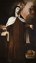 St. Teresa of Avila, wearing a Carmelite habit, writing with a quill and surrounded by books, is visited by angels.