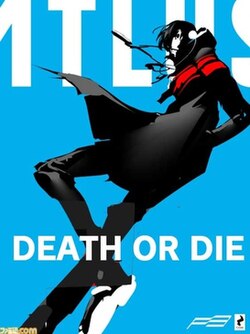 The image contains the Atlus logo in the back, with the Persona 3 protagonist behind it. He is suited with a black jacket of somesort, with a red striped running down the middle. Below him, is the tagline: "Death or Die", on the bottom right, is a early concept art of the Persona 3 Reload logo, and the P-Studio logo.