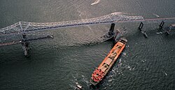 An aerial view of the collapsed bridge and Summit Venture on May 9, 1980