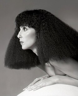 Black-and-white profile portrait of Cher with long, crimped black hair and blunt bangs falling past her shoulders