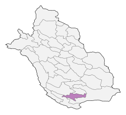 Location of Gerash County in Fars province (bottom center, purple)