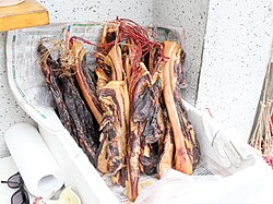 Dried pork bellies in a Chinese restaurant in Tsuen Wan, Hong Kong
