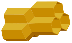 A computer-generated model of two opposing honeycomb layers, showing three cells on one layer fitting together with three cells on the opposing layer