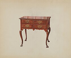 A lowboy is a low chest or table with drawers and short legs. This watercolor of a lowboy has four drawers, metal handles and feet, and a shiny varnish.
