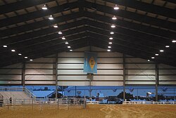 Large Delaware flag hanging inside Quillen Arena.