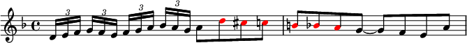 
\relative c'{
   \key d \minor

   \times 2/3 {[d16 e f]} \times 2/3 {[g f e]} \times 2/3 {[f g a]} \times 2/3 {[bes a g]} 
   a8 \override NoteHead.color = #red d cis c b bes a \override NoteHead.color = #black g ~ g f e a
}
