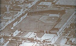 Black and white aerial image of a baseball stadium