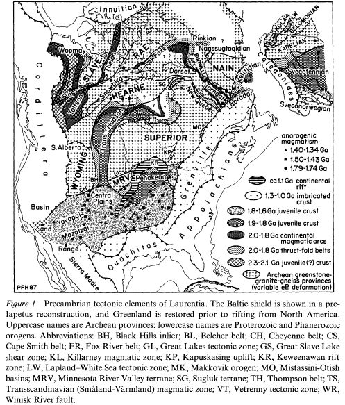 This map of North America shows the locations of the Superior province, Penokean oroginic area and Midcontinent Rift.