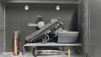 Visitor's unloaded CZ 75 with loaded magazine removed, and a pepper spray within a courthouse gun safe