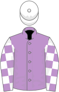 Mauve, mauve and white check sleeves, white cap