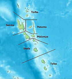 Map of the islands of Vanuatu with black lines in the sea showing the borders between provinces